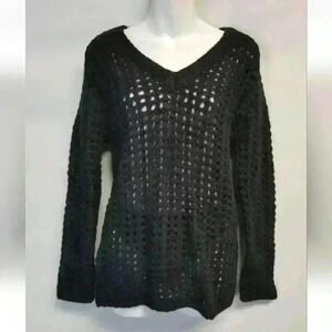 Faith & Zoe Women's Open Weave V Neck Sweater Black $79